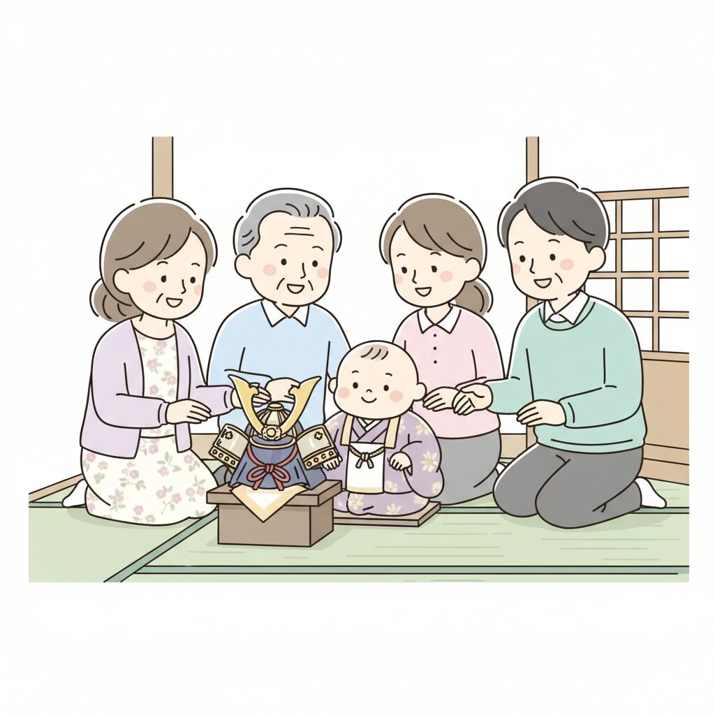 和室で兜飾りの前に座る赤ちゃんと、優しく見守る祖父母とパパ・ママの三世代家族写真