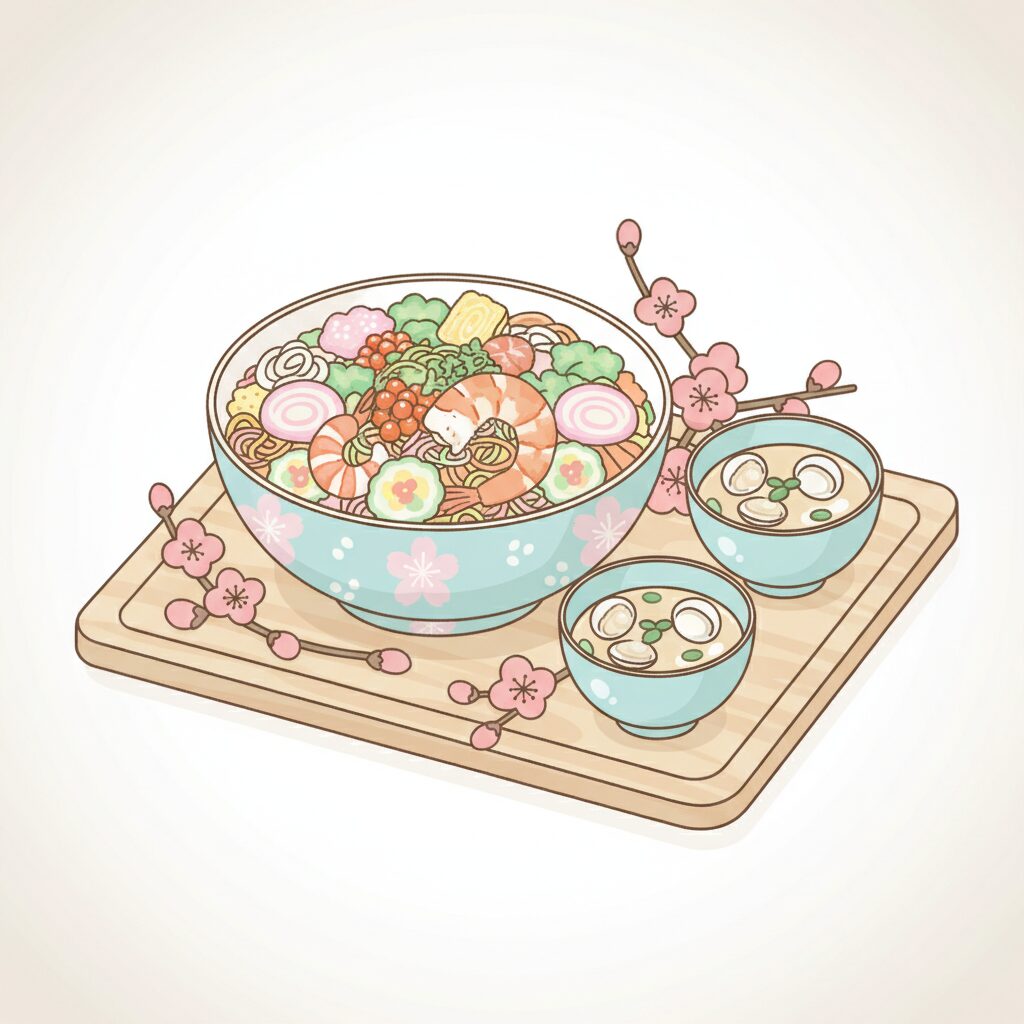 テーブルに並んだ華やかなちらし寿司とはまぐりのお吸い物、桃の花を添えた春らしい祝い膳