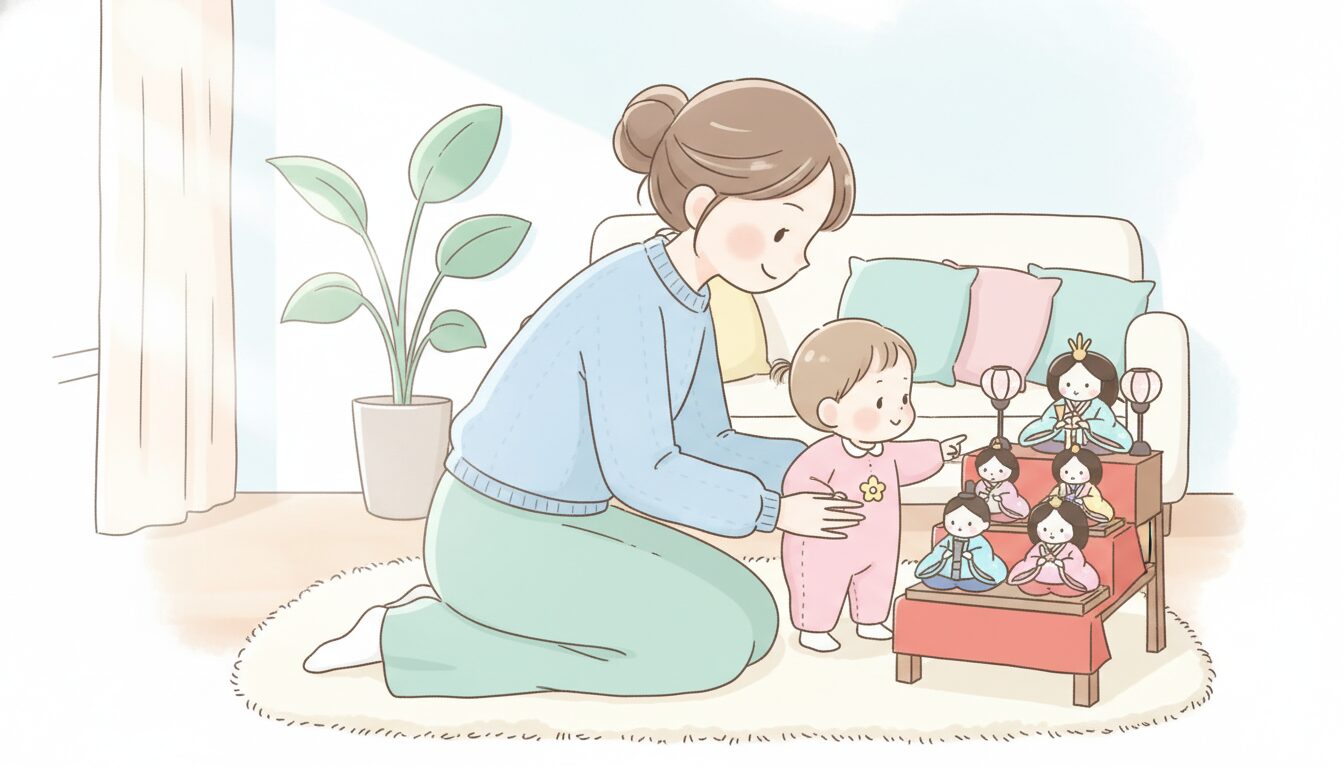 リビングでひな人形を指差しながら、1歳くらいの娘に優しく語りかける母親の温かい場面