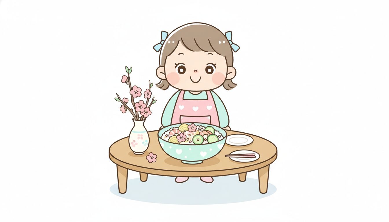 桃の花とちらし寿司が並んだ食卓を前に、エプロン姿の2歳児が嬉しそうに笑っている様子