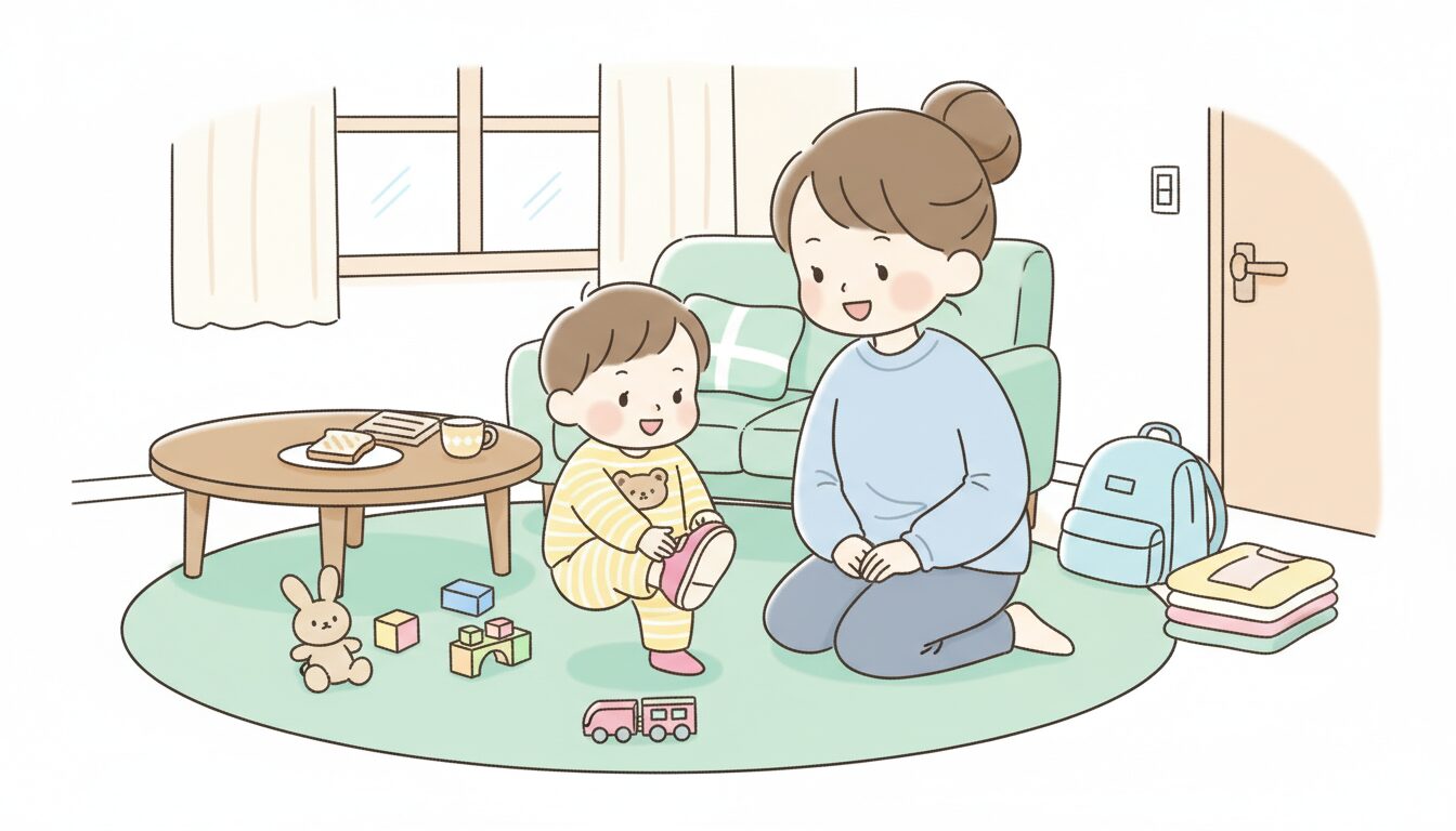 保育園に向かう前の慌ただしい朝のリビングで、パジャマ姿の2歳児を見守る母親