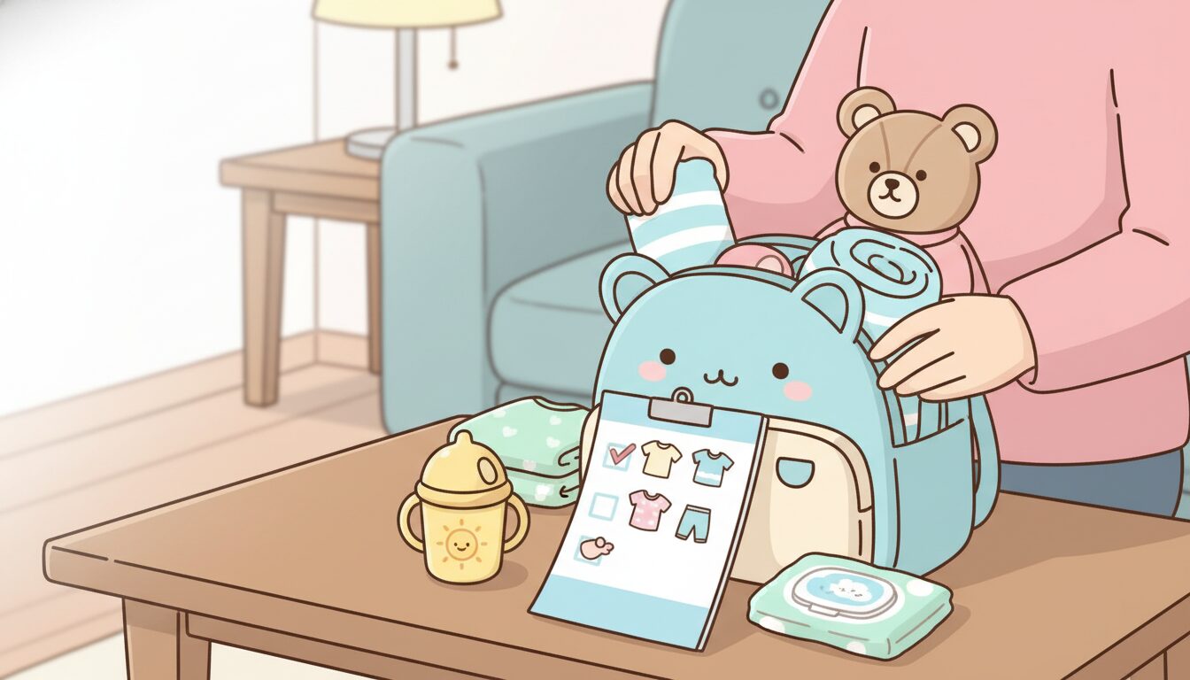 夜のリビングで翌日の保育園バッグの中身をチェックリストと照らし合わせる親の手元