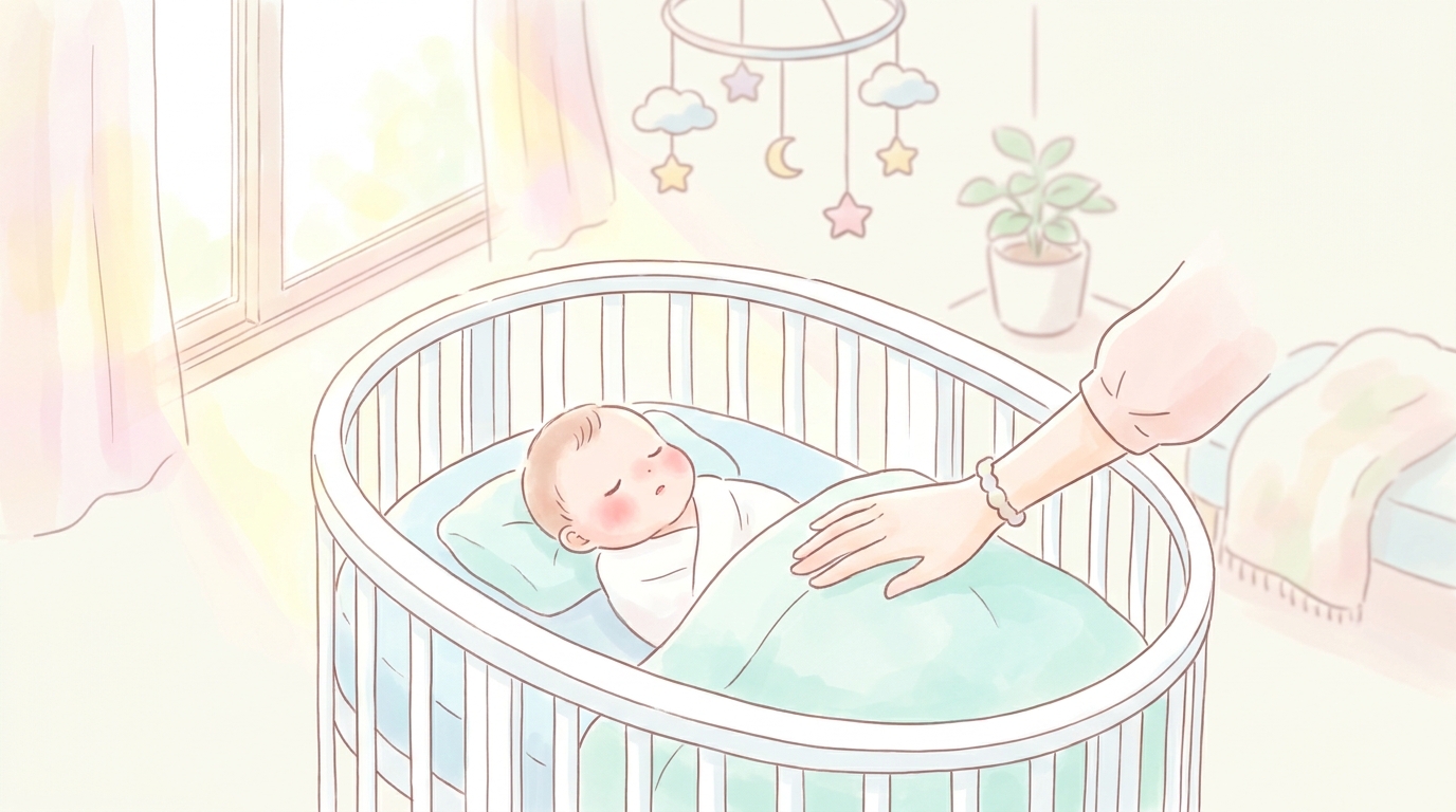白いベビーベッドですやすや眠る新生児の赤ちゃんとそれを優しく見守る母親の手元、柔らかな自然光が差し込む温かい雰囲気