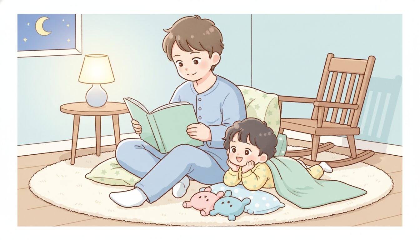 夜のリビングで、絵本を読み聞かせながら子どもと添い寝の準備をする父親と、パジャマ姿で楽しそうに耳を傾ける幼児