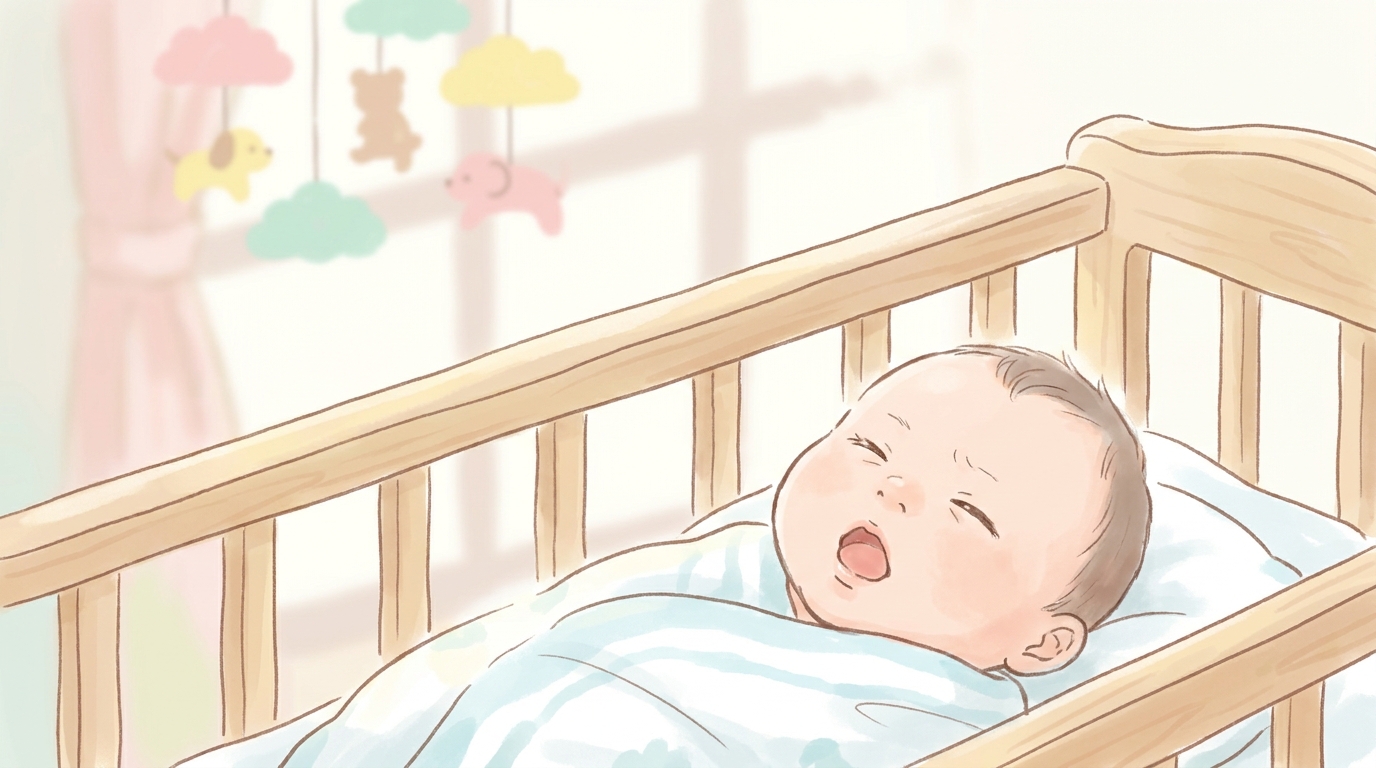 ベビーベッドで眠そうにあくびをする新生児の顔のアップ、自然光が柔らかく差し込む寝室