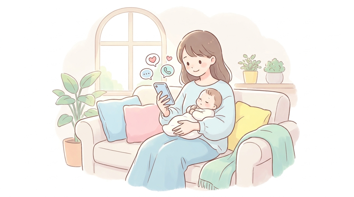 スマートフォンで子育て相談窓口を調べる若い母親、リビングのソファで赤ちゃんを抱きながら