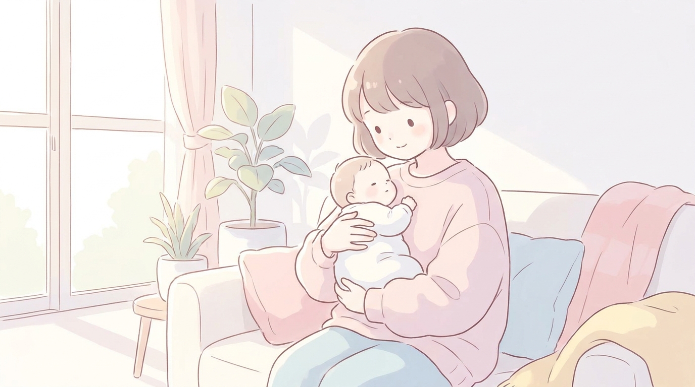 自宅のリビングで生後間もない赤ちゃんを優しく胸に抱きしめる母親、自然光が差し込む温かい雰囲気