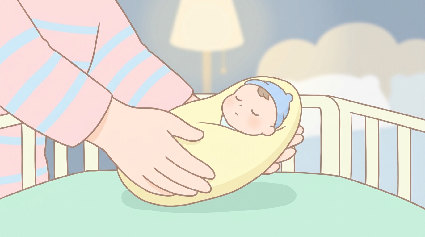 寝ている赤ちゃんをベビーベッドにそっと降ろそうとしている母親の手元、薄暗い寝室の落ち着いた雰囲気