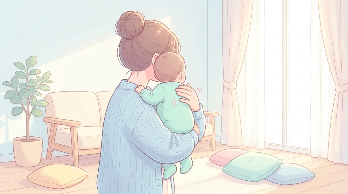 明るい部屋で赤ちゃんを縦抱きにして優しく背中をさする若いお母さんの後ろ姿