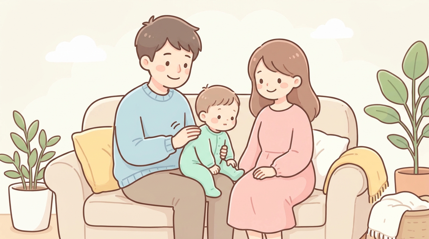 ソファに座ったお父さんが膝の上に赤ちゃんをのせて優しく背中をトントンしている温かい家族の風景