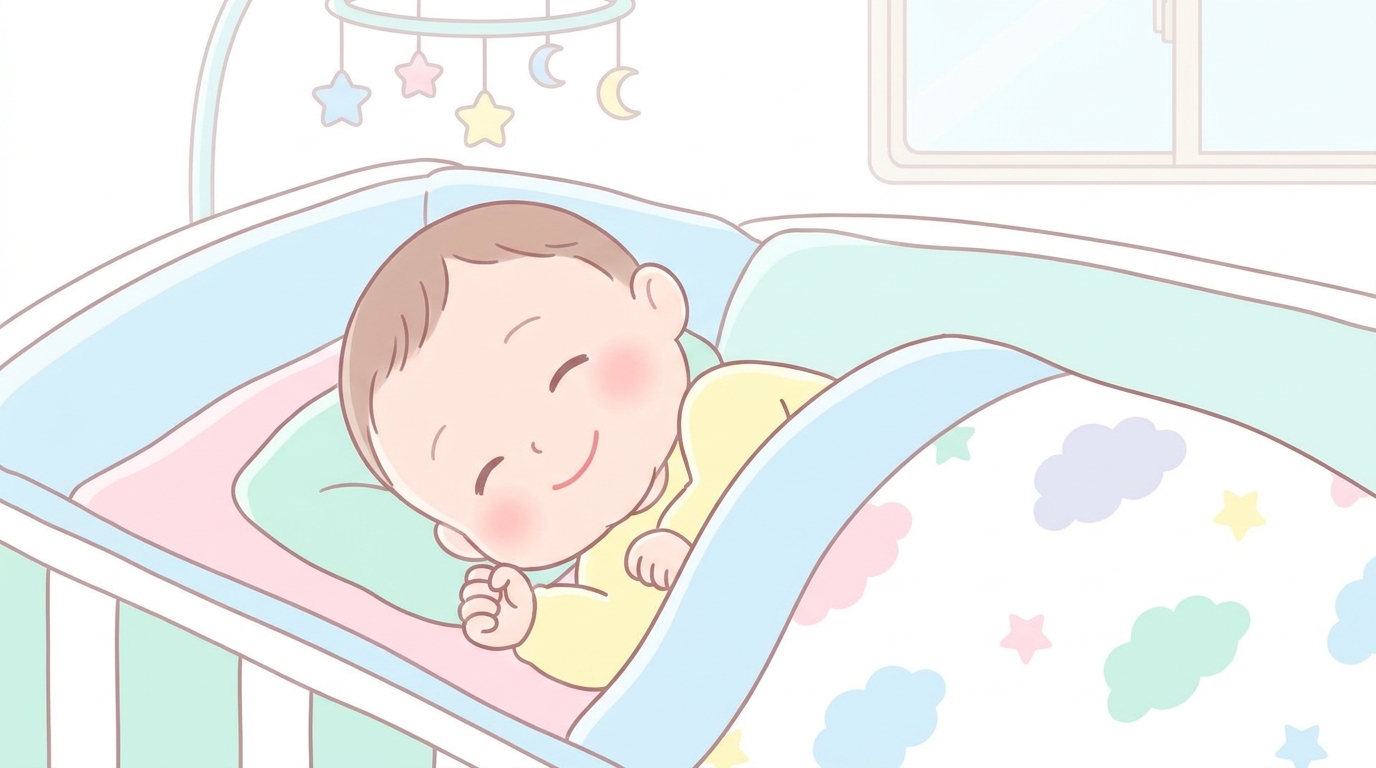 ベビーベッドで横向きに気持ちよさそうに眠っている新生児の優しい寝顔のクローズアップ