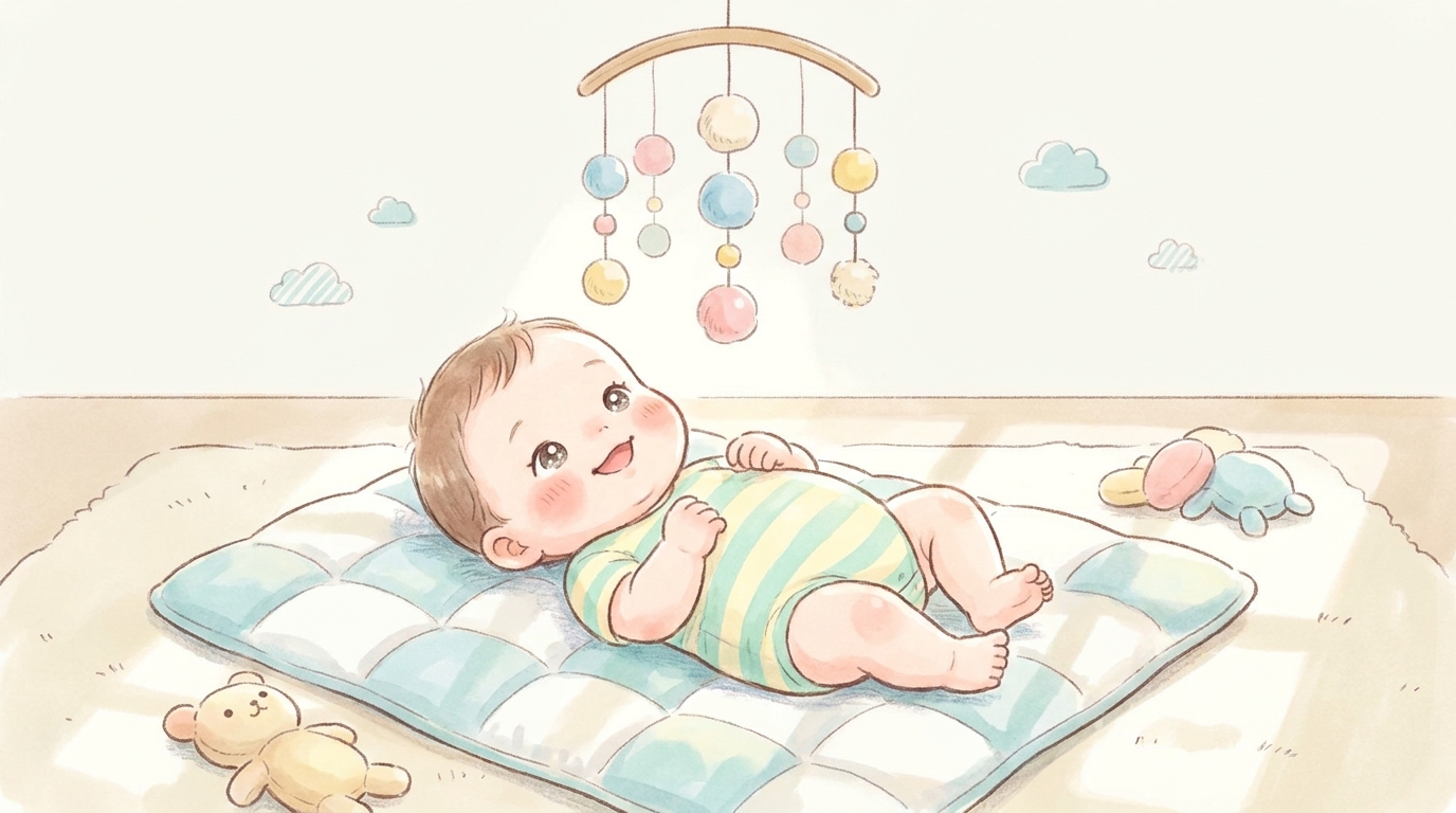 生後3ヶ月ごろの赤ちゃんが仰向けになりカラフルなおもちゃを目で追っている様子をやさしい自然光で撮影した写真