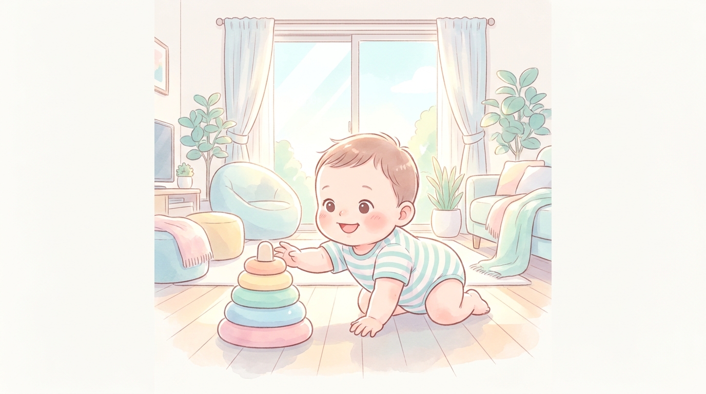 生後8ヶ月ごろの赤ちゃんがハイハイしながら床のおもちゃに手を伸ばす明るいリビングルームの様子