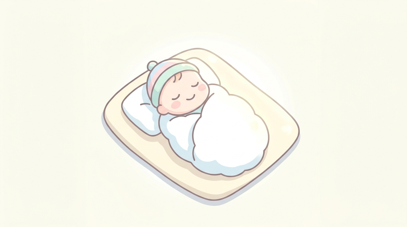 白いベビー布団の上で目を閉じてふんわりと微笑んでいる新生児の赤ちゃんのアップ