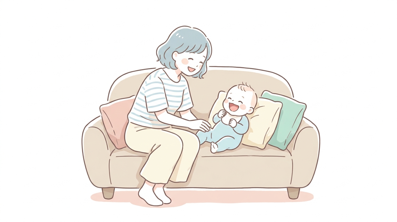 リビングのソファでママと向き合って大きな口を開けて笑っている生後5か月くらいの赤ちゃん