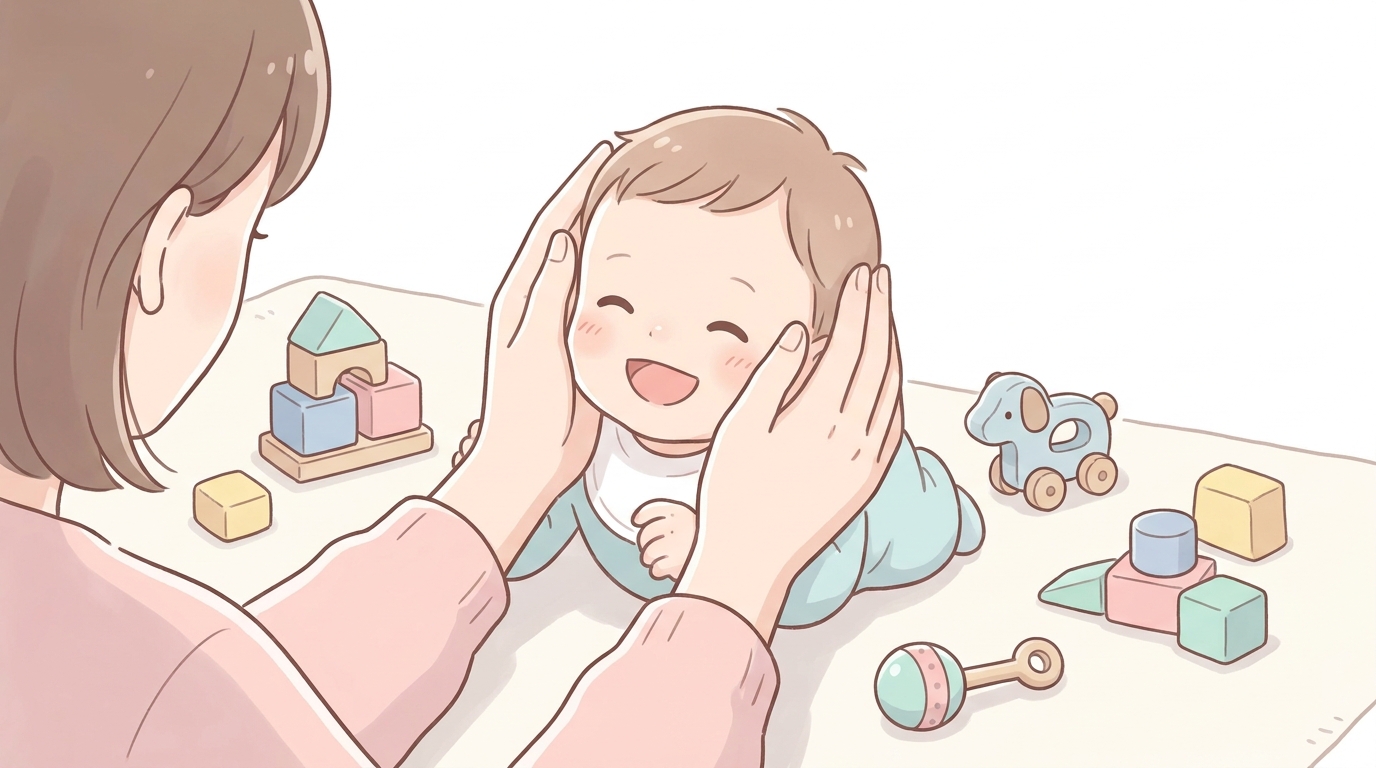 木のおもちゃが並んだリビングで、いないいないばあ遊びをしている親子の手元と笑顔の赤ちゃん