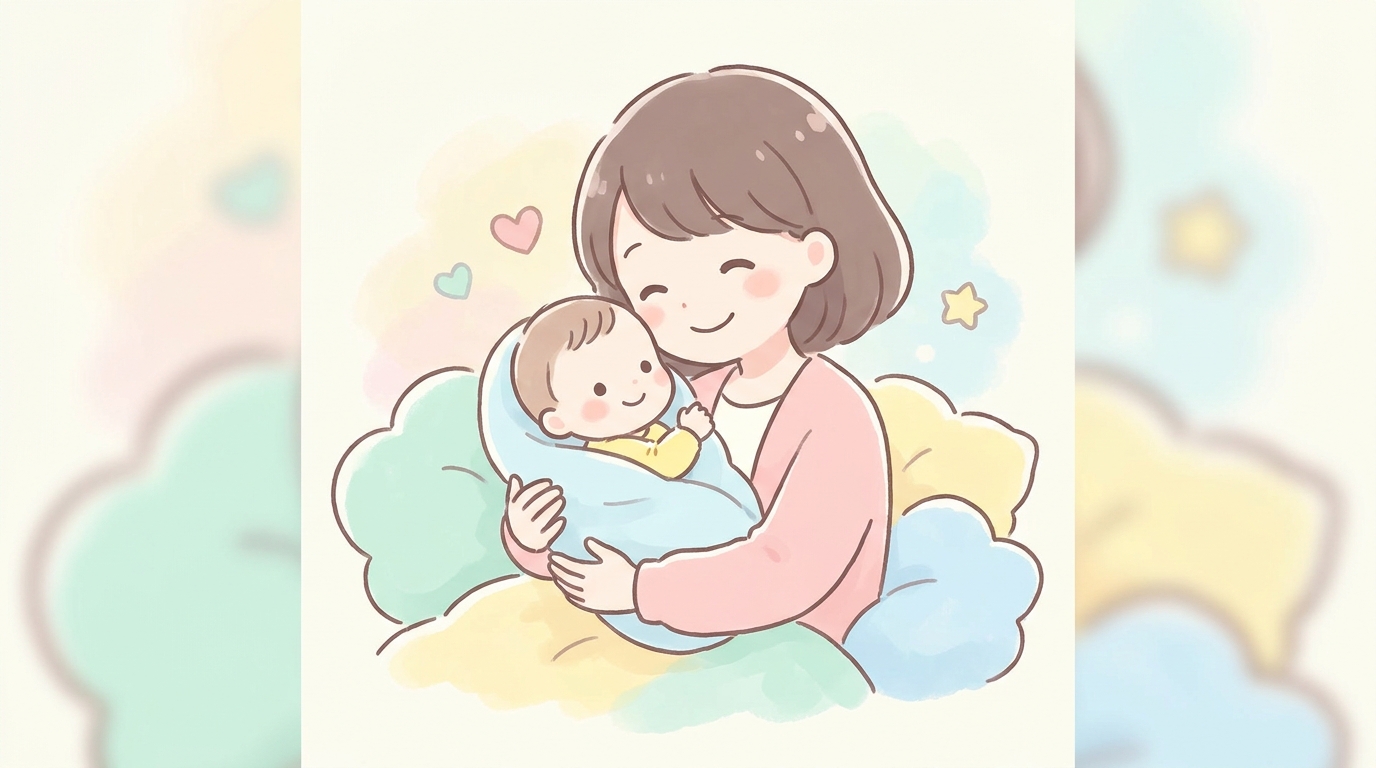 生後3〜4ヶ月の赤ちゃんを優しく縦抱きしながら微笑むお母さんの柔らかな雰囲気の写真