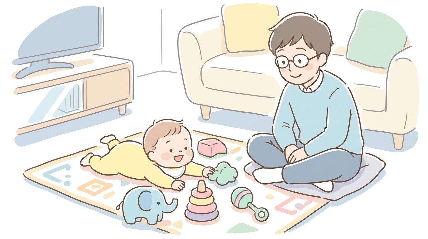 カラフルなおもちゃを使ってうつ伏せ遊びを楽しむ赤ちゃんと、笑顔で見守るパパの温かい家庭の風景