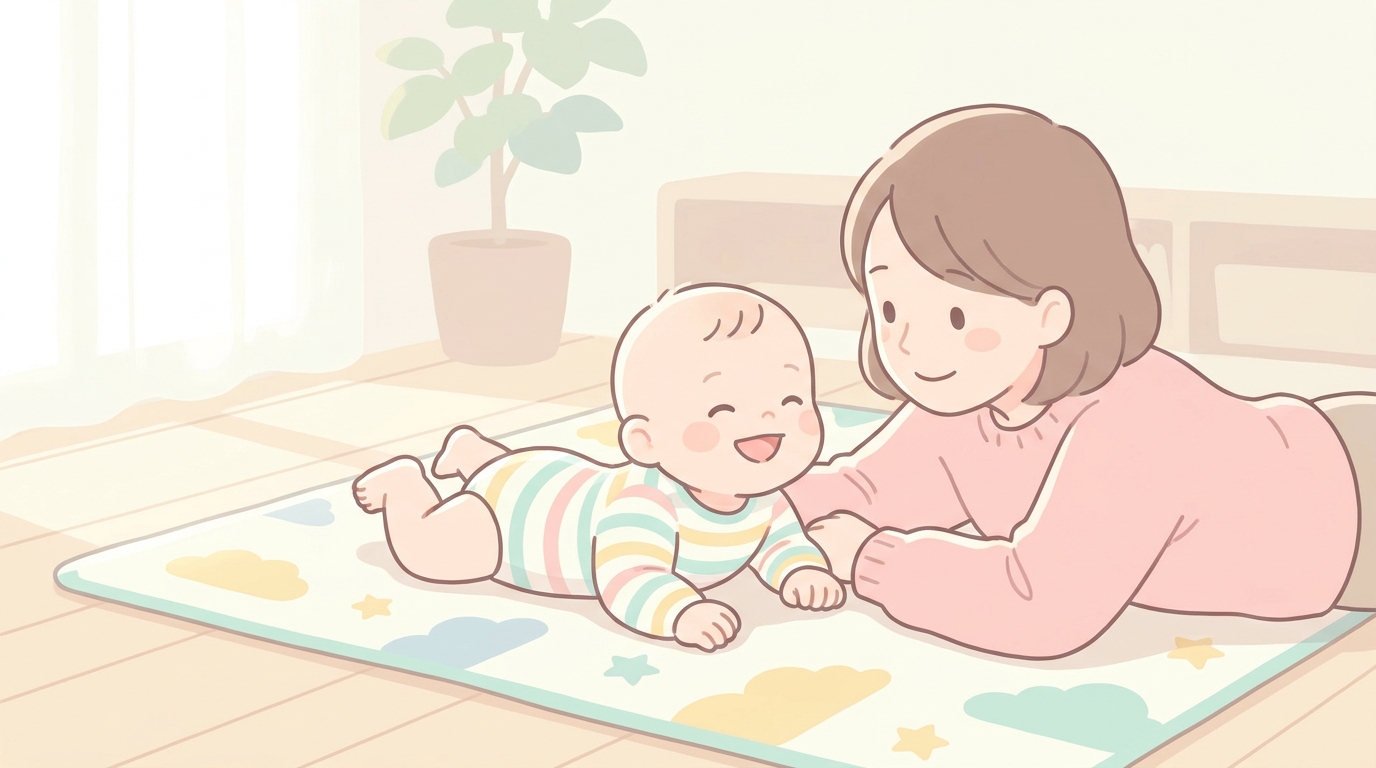 明るいリビングのプレイマットの上でうつ伏せになり、笑顔で頭を持ち上げている生後3か月ごろの赤ちゃんと、その横で寄り添う母親