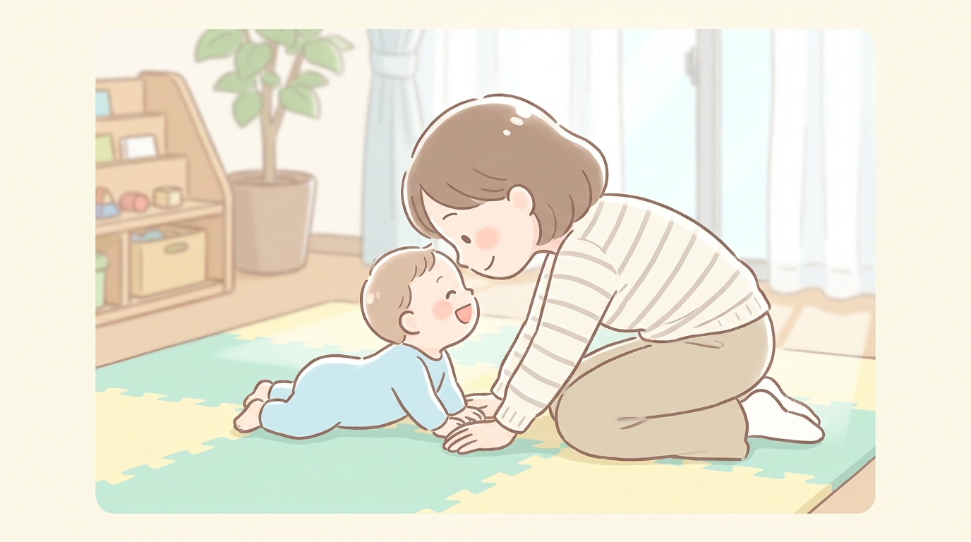 笑顔でうつ伏せの赤ちゃんと顔を近づけて見つめ合う若い母親、明るいリビングの床に敷いたプレイマットの上