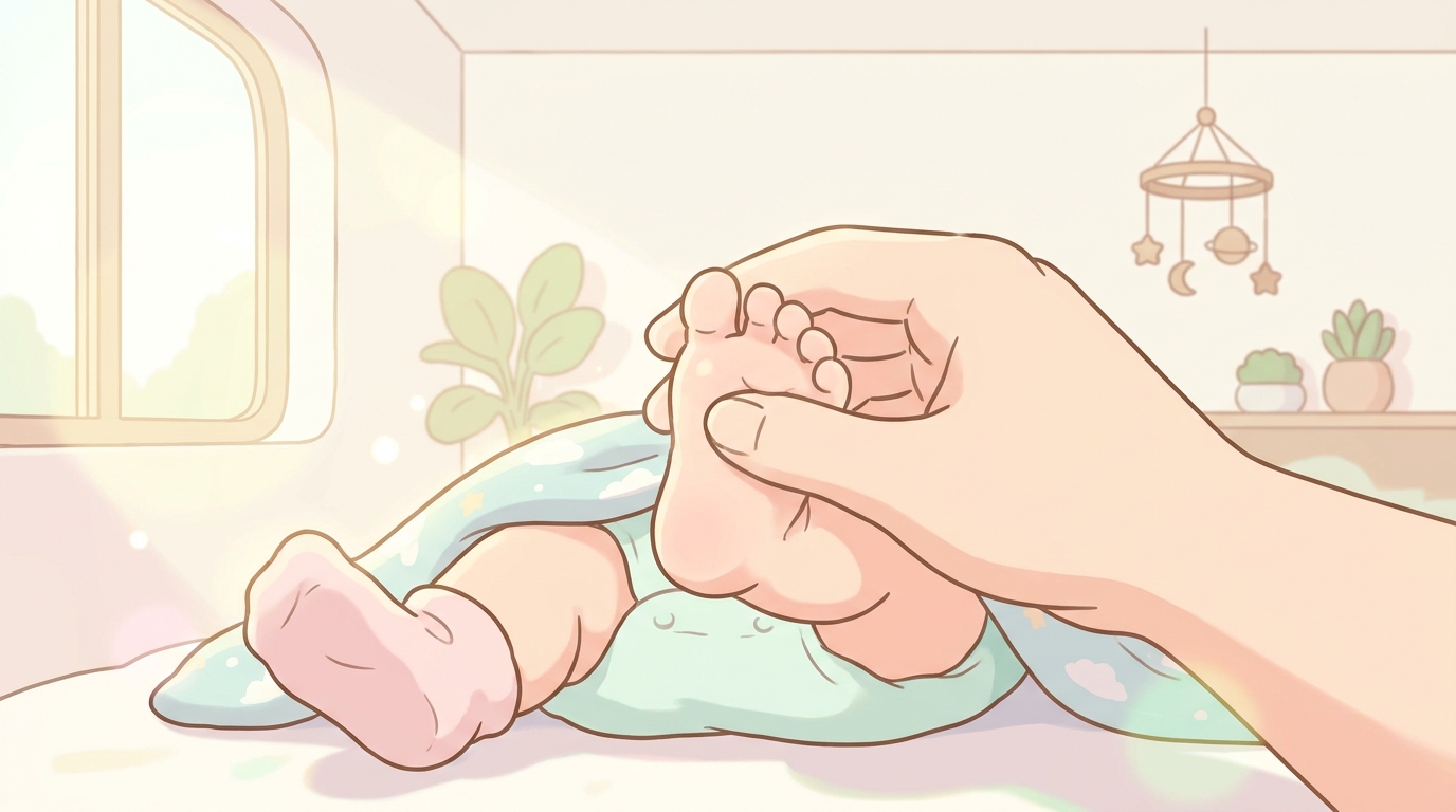 仰向けに寝ている生後2ヶ月ほどの赤ちゃんの足の裏を優しくマッサージする父親の手、柔らかな自然光が差し込む寝室