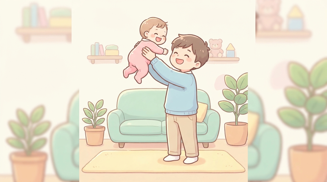 お座りした生後8ヶ月の赤ちゃんを抱き上げて高い高いをする笑顔のパパ、リビングルームの温かい雰囲気