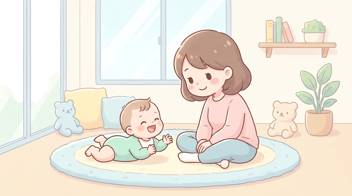 リビングのプレイマットの上で母親と向き合って笑顔でおしゃべりごっこをしている生後8ヶ月の赤ちゃん