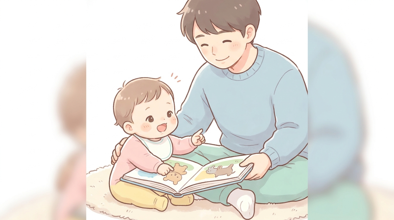 絵本を一緒に読みながら指差しで反応する1歳前後の赤ちゃんと笑顔の父親