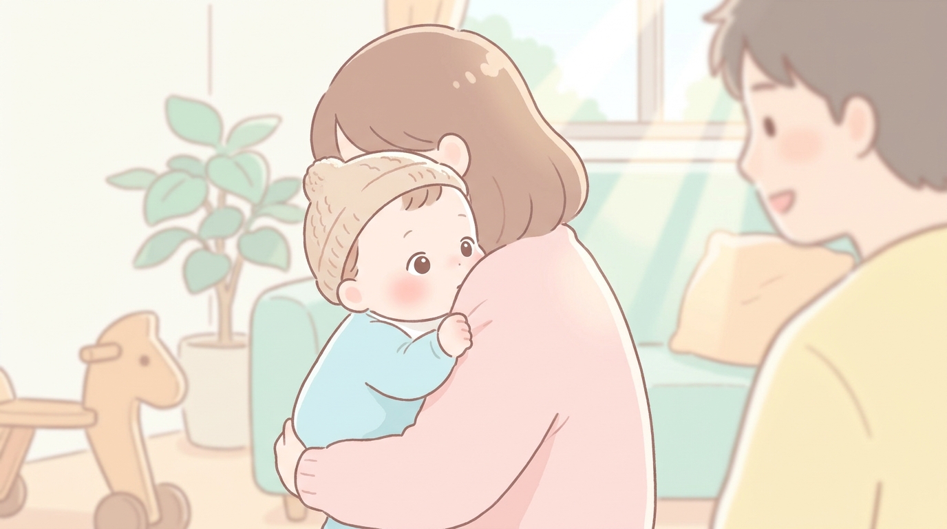 母親の肩に顔をうずめて知らない人を見つめる生後8ヶ月ごろの赤ちゃん、温かみのあるリビングで撮影された自然光の写真