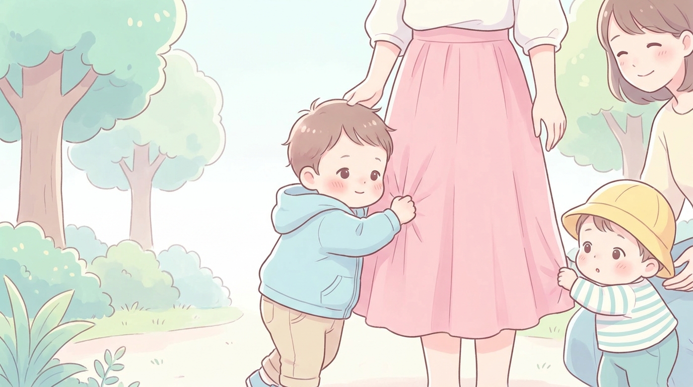 1歳半ごろの幼児が公園で母親の足にしがみつきながら、初対面の同年代の子どもをそっと見ている様子