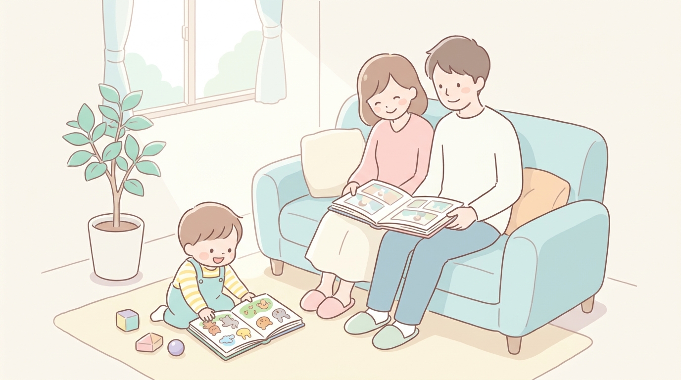 アルバムをめくりながら微笑む両親と、その横で絵本を見ている2歳ぐらいの子どもの和やかな家庭風景