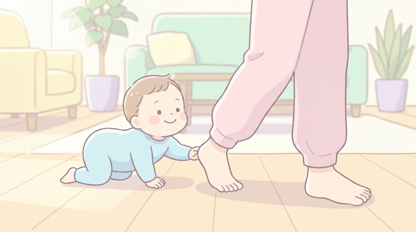 ハイハイで母親の足元を追いかける生後10ヶ月ごろの赤ちゃん、明るいリビングで