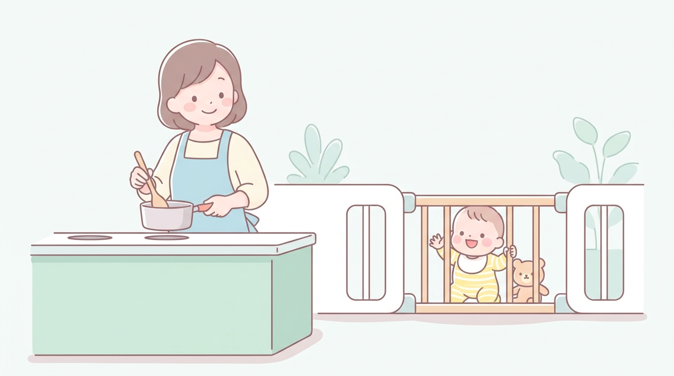 キッチンで料理をする母親と、ベビーサークル越しに見守る笑顔の1歳児