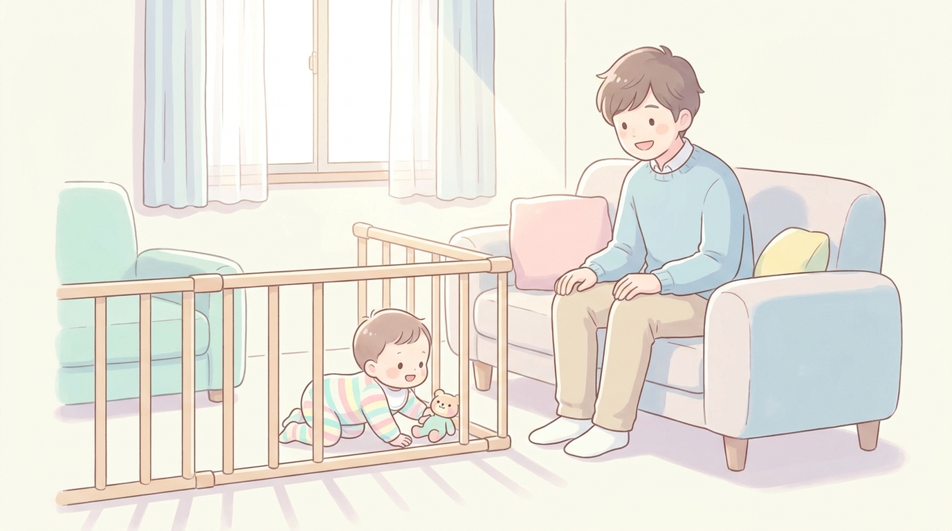 ベビーゲートを設置したリビングで安心して遊ぶ赤ちゃんと、近くで見守る父親