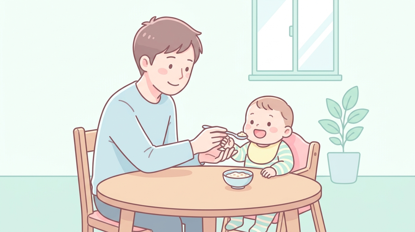 ダイニングテーブルでお父さんと赤ちゃんが向き合い、お父さんがスプーンに手を添えながら離乳食を食べさせている温かい家族の風景