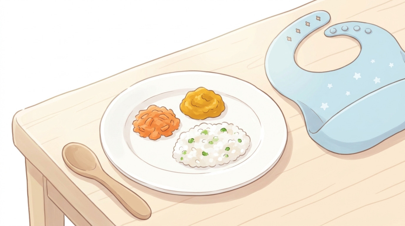 白いお皿に盛り付けられた、にんじん・かぼちゃ・お粥など色とりどりの中期離乳食。木のスプーンとシリコン製のお食事エプロンが添えられた清潔感のあるテーブル