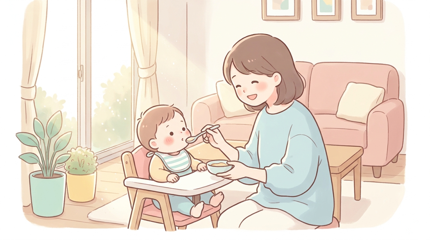 お母さんが赤ちゃんに優しく微笑みかけながら離乳食をあげている、自然光の差し込むリビングの温かいシーン