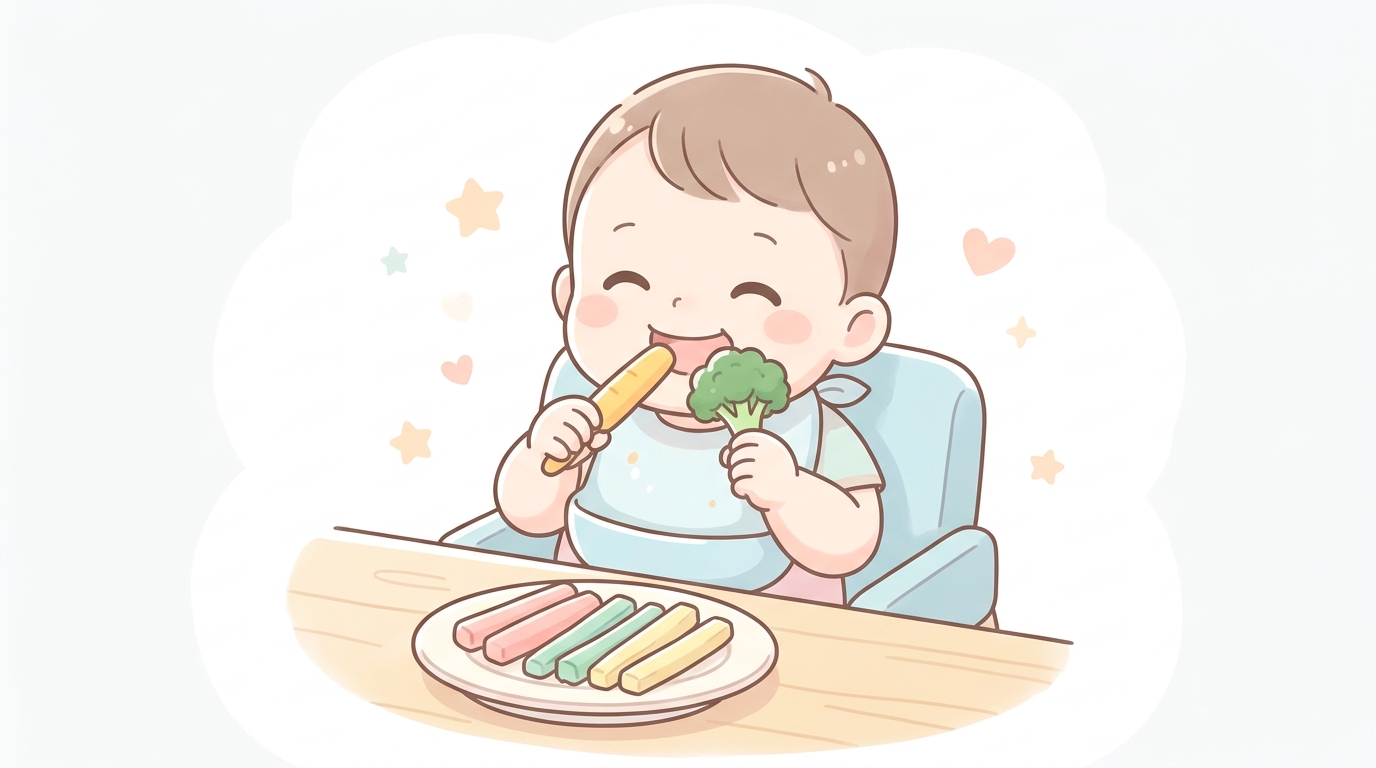 ハイチェアに座った生後10ヶ月頃の赤ちゃんが、満面の笑みで野菜スティックを手づかみして口に運ぶ温かみのある食卓の様子