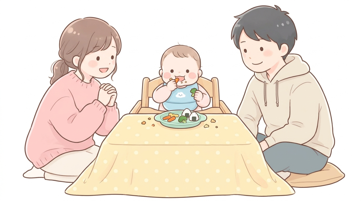 シリコン製の食事エプロンを着け、テーブル下にレジャーシートを敷いた状態で楽しそうに離乳食を手づかみで食べる赤ちゃんと、そばで微笑みながら見守るパパママの様子