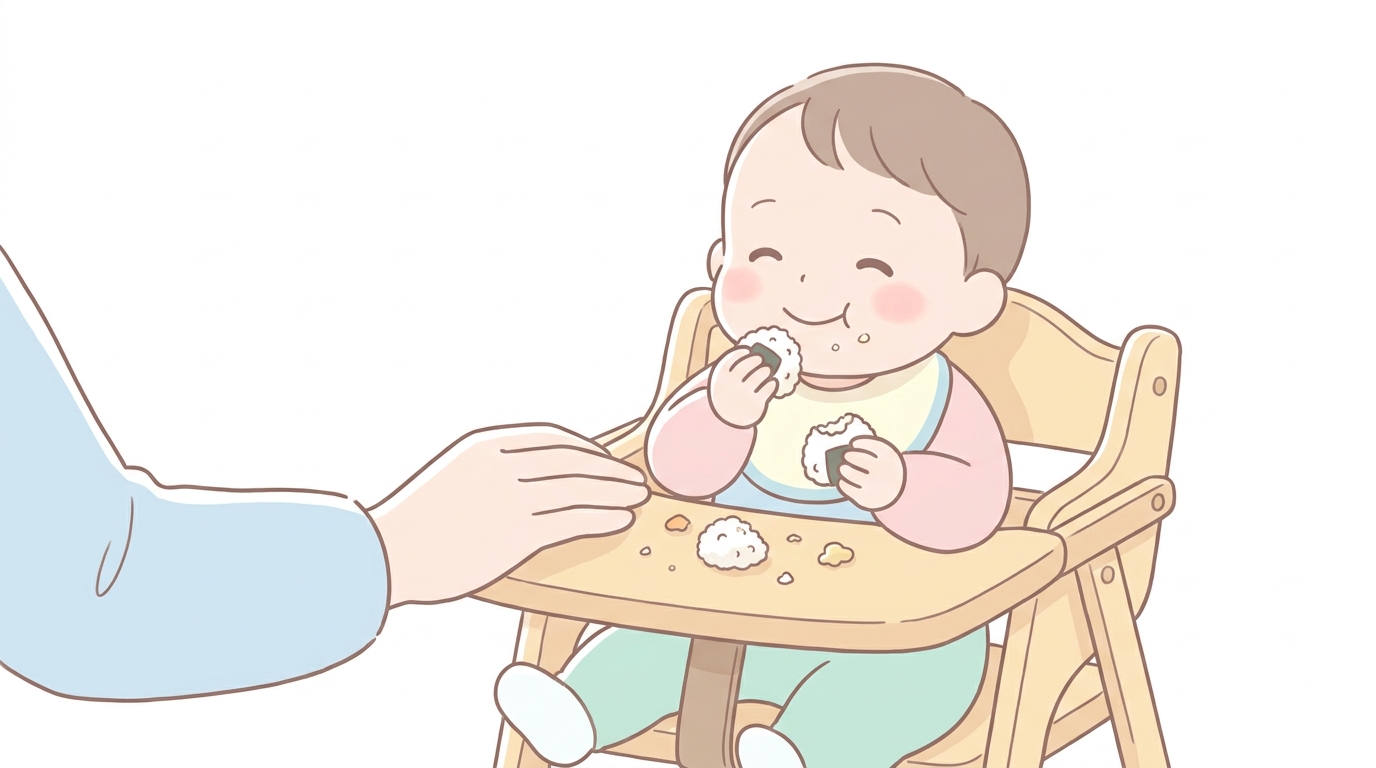 木製のベビーチェアに座り、手づかみで小さなおにぎりを食べる笑顔の1歳児と、優しく見守る母親の手元