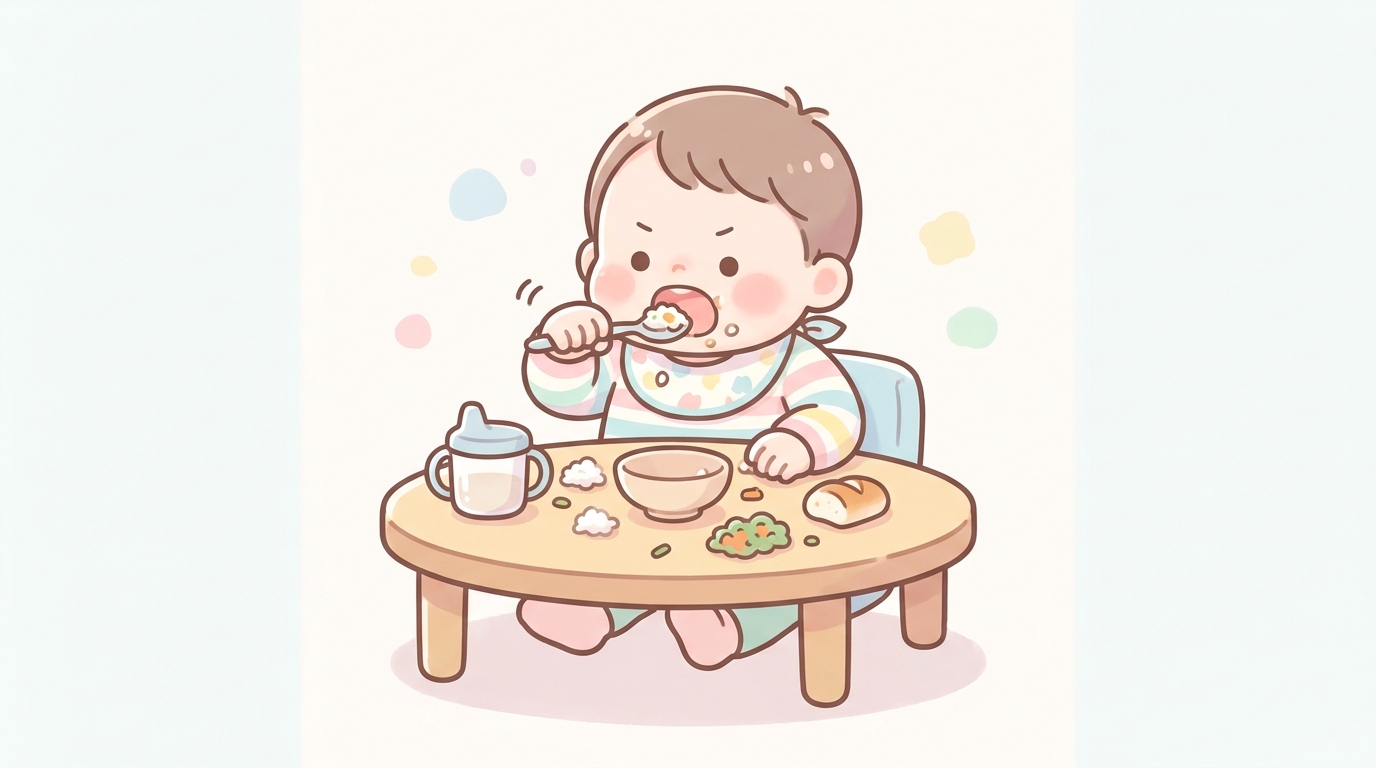 スプーンを自分で握って一生懸命口に運ぼうとする1歳半の子どもと、テーブルに散らばった食べこぼしの様子
