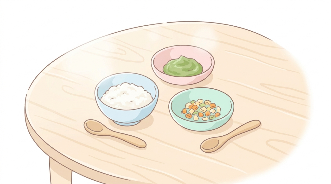 木製のテーブルに並ぶ月齢別の離乳食、おかゆ・野菜ペースト・刻み野菜が小さなお皿に盛り付けられた様子