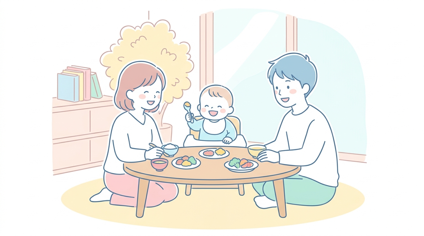 リビングで家族がテーブルを囲み、笑顔でごはんを食べる赤ちゃんと両親の温かな食卓の風景