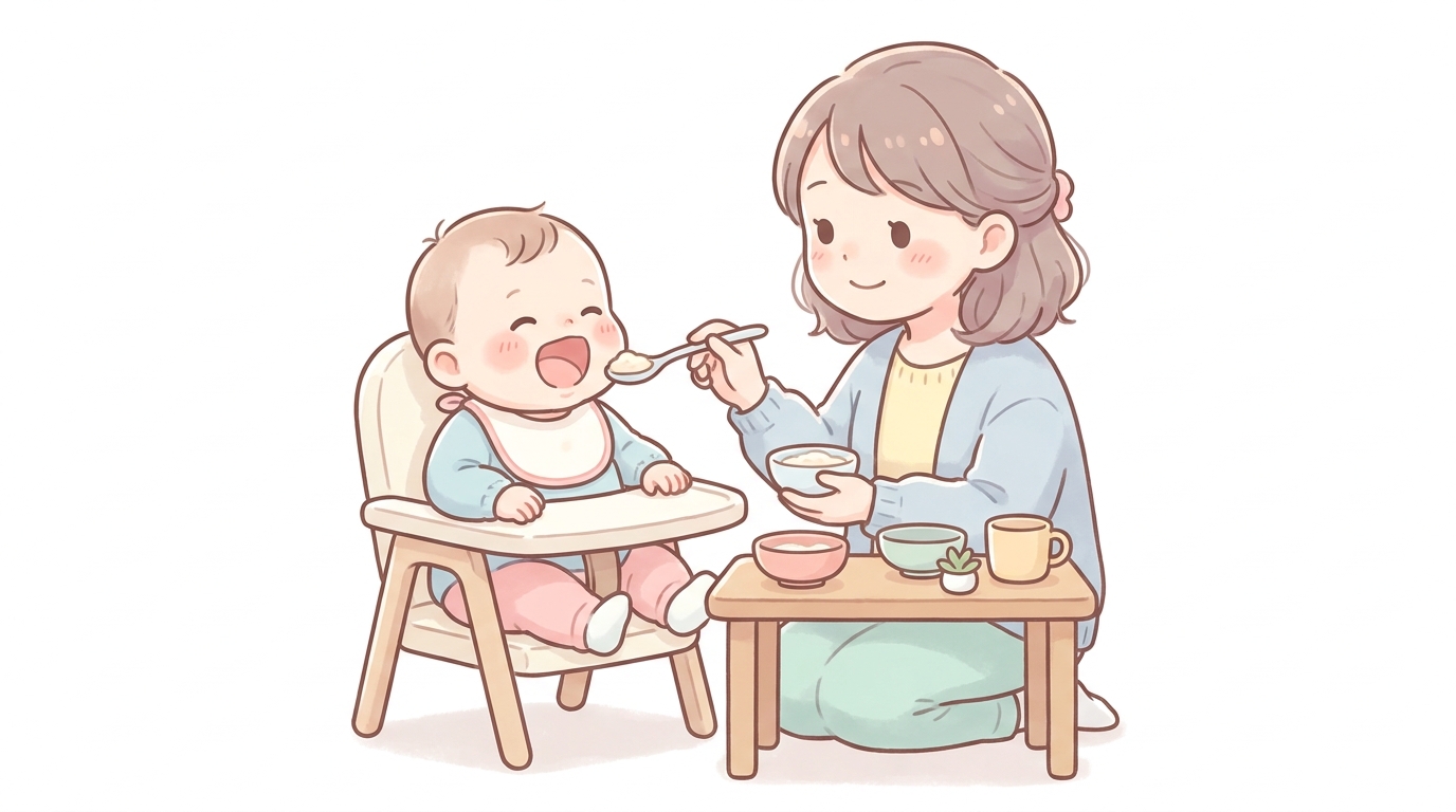 離乳食をスプーンで口に運んでもらい、満面の笑みを浮かべる生後6ヶ月ほどの赤ちゃんと、優しく見守る母親の温かい食卓風景