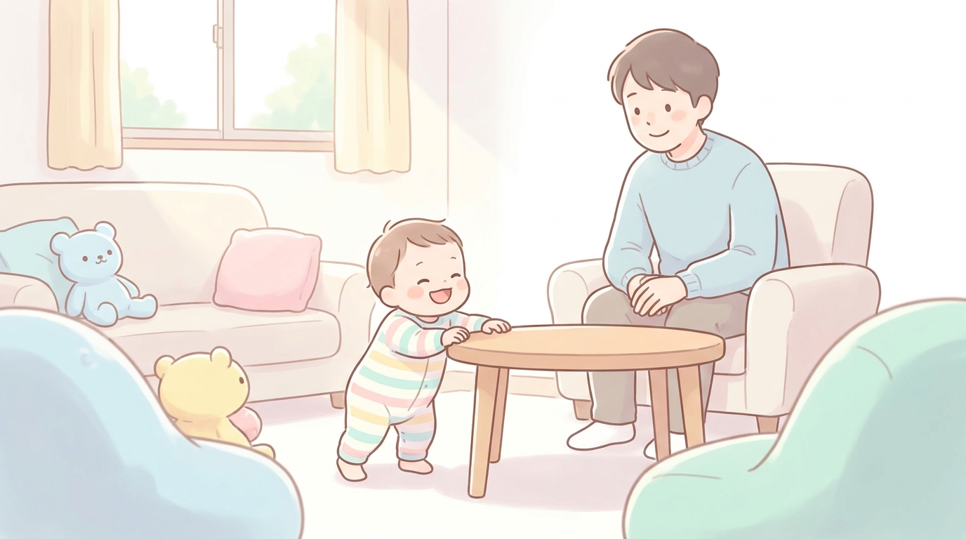 リビングでつかまり立ちをして得意げに笑う1歳前の赤ちゃんと、その様子を笑顔で見守る父親の姿、午後の柔らかな自然光