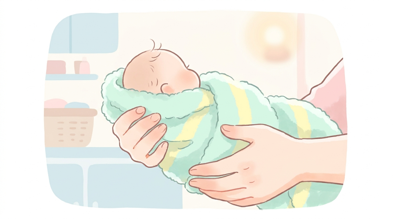 バスタオルにくるまれた生後1か月ほどの赤ちゃんを優しく抱きかかえるママの手元、明るく清潔感のある脱衣所