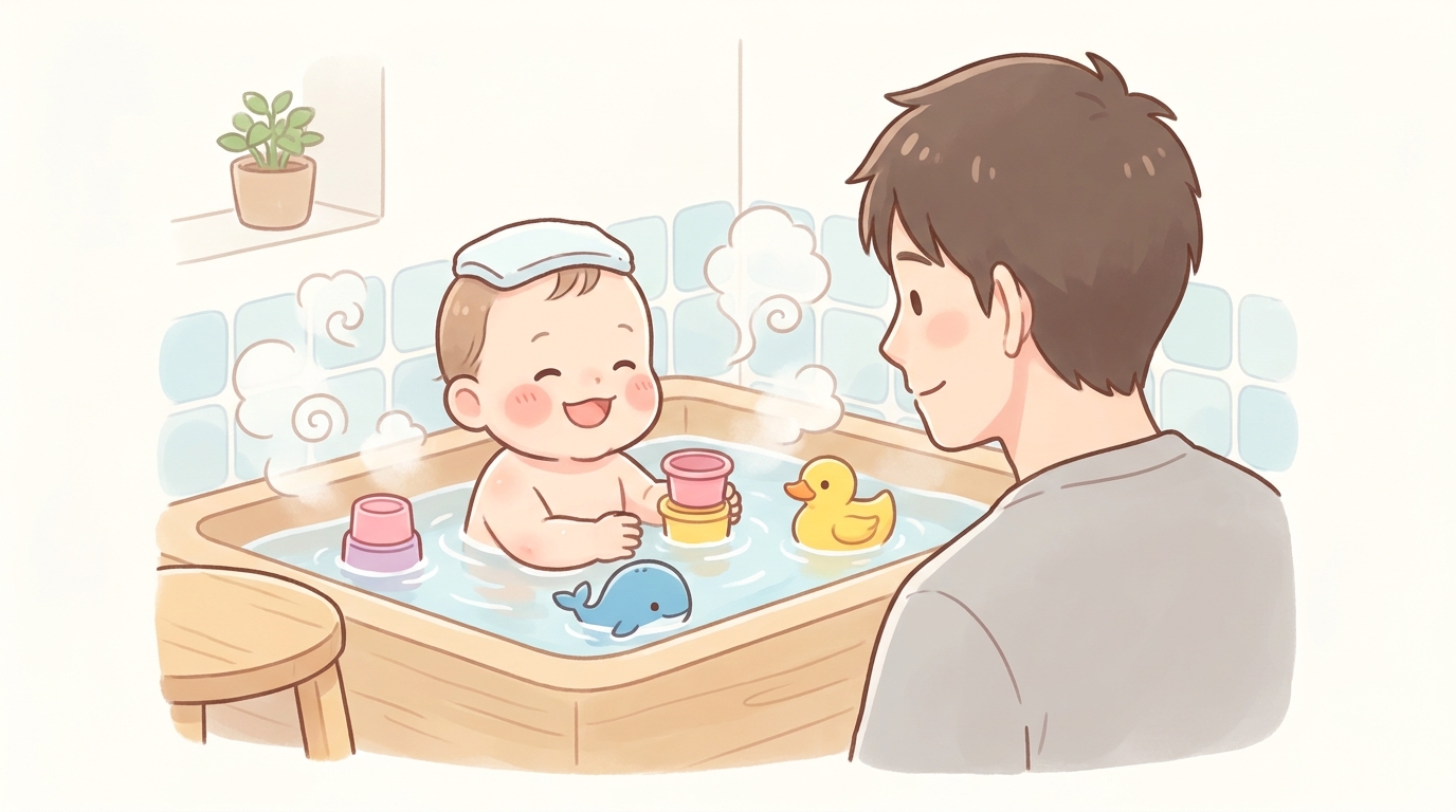 お風呂用のおもちゃで遊ぶ1歳半くらいの赤ちゃんと、笑顔で見守るパパの後ろ姿、湯気の立つ浴室