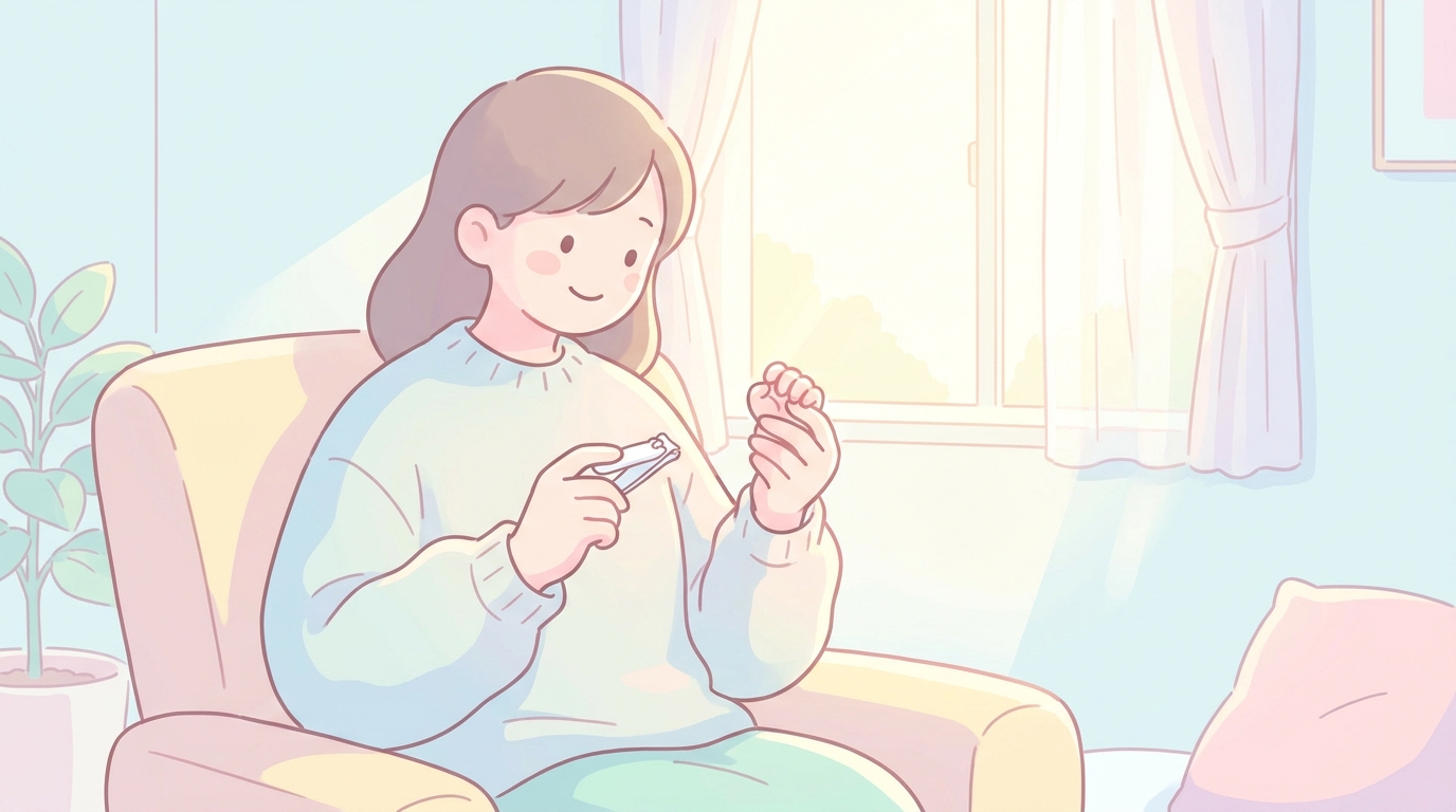 柔らかな日差しが差し込むリビングで、ベビー用爪切りを手に取りながら新生児の小さな手をやさしく見つめる母親