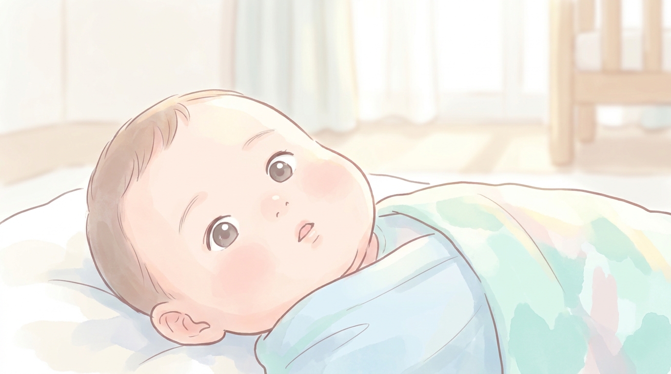 仰向けに寝てキョトンとした表情の生後3か月くらいの赤ちゃんの顔のアップ、自然光が差し込む明るい部屋