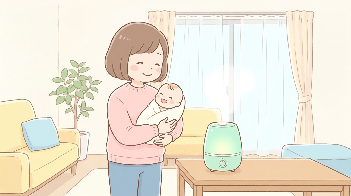 リビングで加湿器を稼働させながら笑顔で赤ちゃんを抱っこする30代の母親、暖かい雰囲気の室内